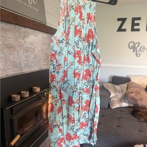 BeBop Aqua Floral Sleeveless Jumpsuit with Red Rose Print